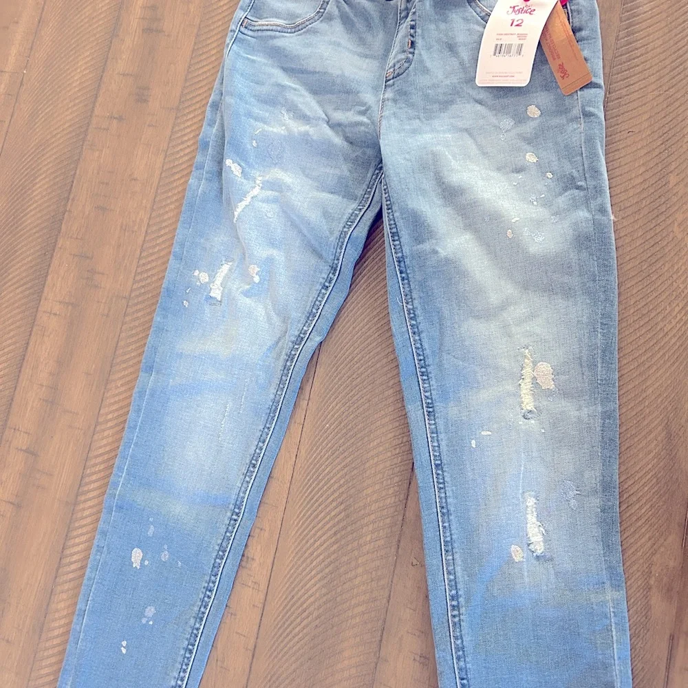 Justice Girls Denim Jeans Elastic Waist-Size 12 Distressed New W/ Tags!